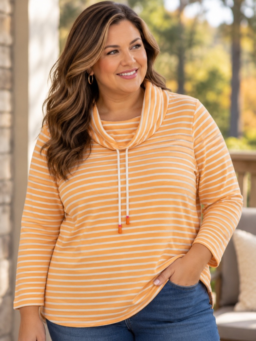 T by Talbots 2X Orange White Stripe Cowl Neck Pullover Top Plus Size